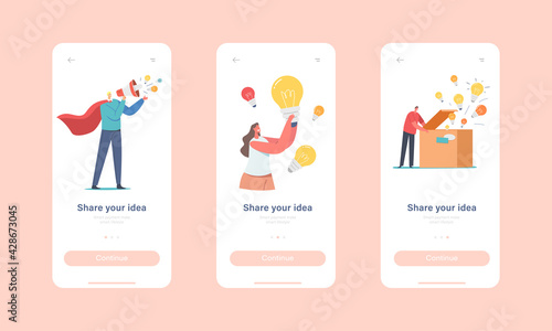 Share Idea Mobile App Page Onboard Screen Template. Characters Spread Insights. Man Superhero with Loudspeaker