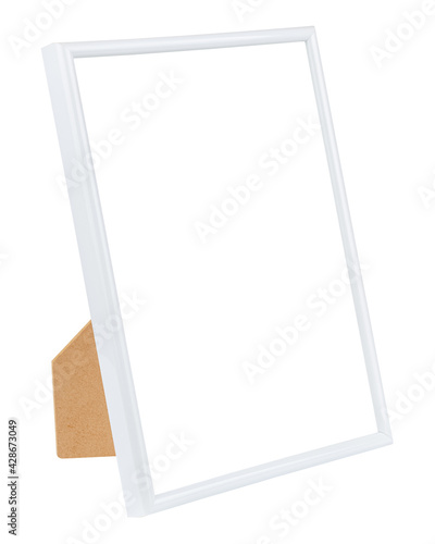 Empty photo frame with white thin plastic border on stand isolated on white background