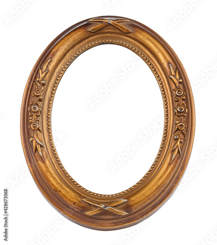 Empty vintage small oval photo frame with scratches and scuffs isolated on white background
