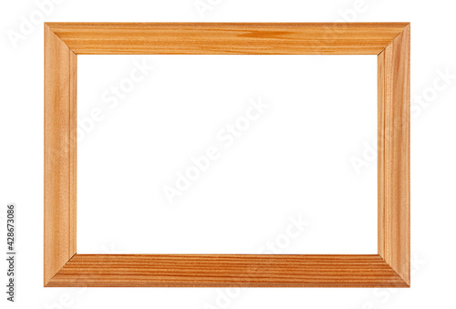 Empty brown wooden frame for photo or painting with pine texture border isolated on white background