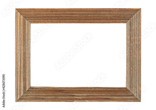 Empty wooden frame for photo or painting with light oak texture border isolated on white background