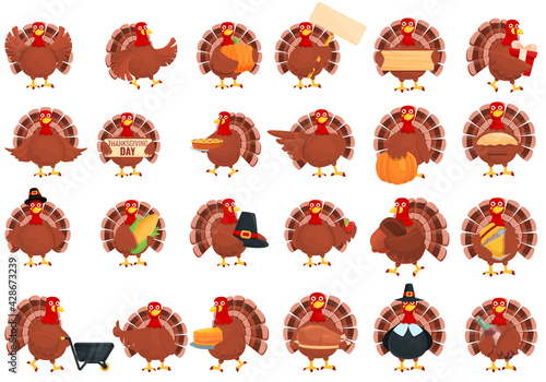 Thanksgiving turkey icons set. Cartoon set of thanksgiving turkey vector icons for web design