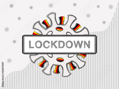 Coronavirus with the German flag in spikes. Illustration of the Covid-19 pandemic in Germany. Text Lockdown on a sign. Pencil-drawn virus against the backdrop of covid-19 statistics of total cases.