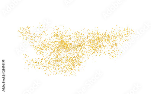 Background plume golden texture crumbs. Gold dust scattering on a white background. Sand particles grain or sand assembled. Vector backdrop dune, pieces abstraction. Illustration grunge for design