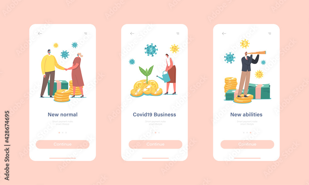 New Normals Mobile App Page Onboard Screen Template. Economic Restoration after Covid19 Outbreak, Business Opportunity New Normals Mobile App Page Onboard Screen Template. Economic Restoration after Covid19 Outbreak, Business Opportunity