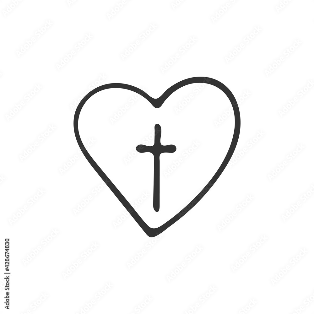 Hand-drawn Christian cross in heart isolated on white background. Religion and Christianity. Christian symbol. Vector illustration Hand-drawn Christian cross in heart isolated on white background. Religion and Christianity. Christian symbol. Vector illustration