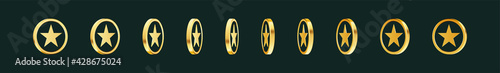 Set of rotating gold coins with star sign.