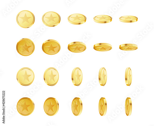 Set of rotating gold coins with star sign.