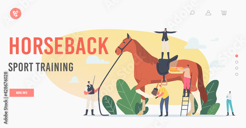 Equestrian Horseback Sport Training Landing Page Template. Stableman and Trainer Characters at Thoroughbred Stallion