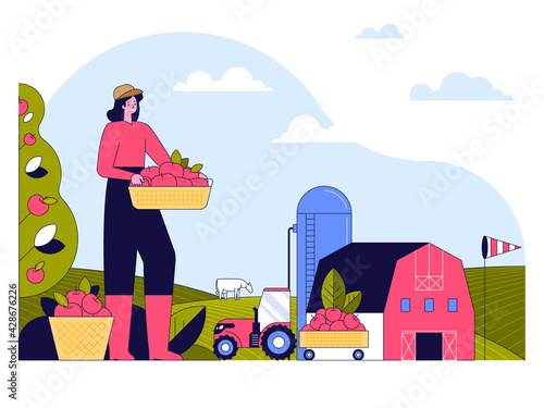 Smart farming concept. Woman picking apples, harvest at garden