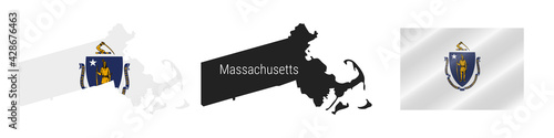 Massachusetts US state detailed flag map. Detailed silhouette. Waving flag. Vector illustration