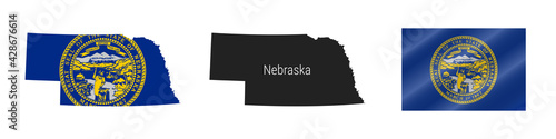Nebraska US state detailed flag map. Detailed silhouette. Waving flag. Vector illustration