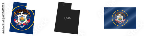 Utah US state detailed flag map. Detailed silhouette. Waving flag. Vector illustration