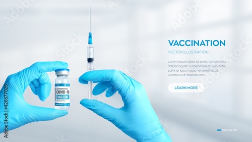 Hands in medical blue gloves holding the medical glass vial for injection and syringe with vaccine. Vaccination or medicare concept. COVID-19 coronavirus vaccine. Vector realistic illustration.