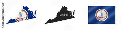 Virginia US state detailed flag map. Detailed silhouette. Waving flag. Vector illustration