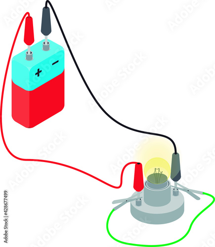 Short circuit. Isolated vector illustration of a simple electrical circuit made of a lamp and a battery in isometric view over white background.