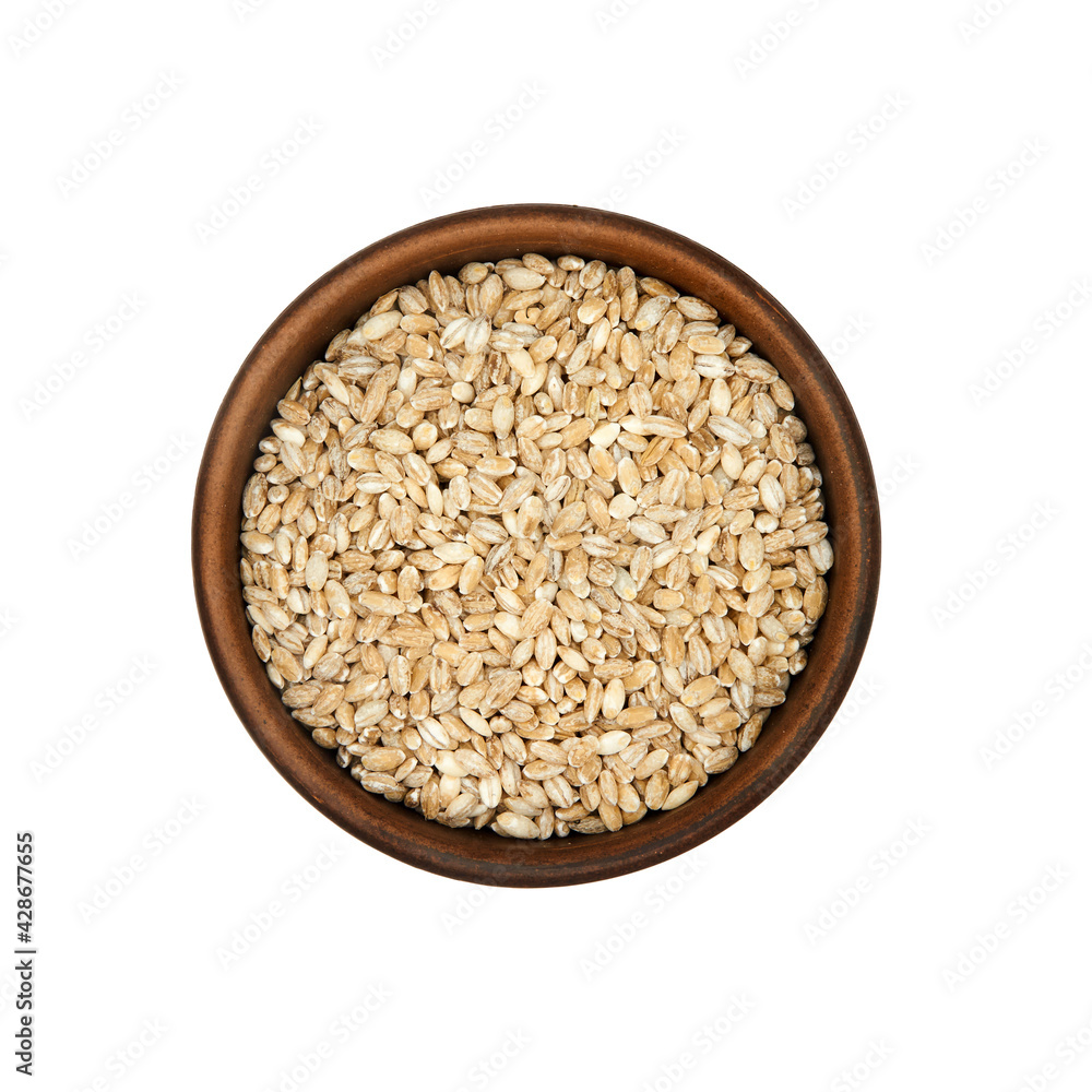 pearl barley in clay bowl isolated on white background, top view pearl barley in clay bowl isolated on white background, top view