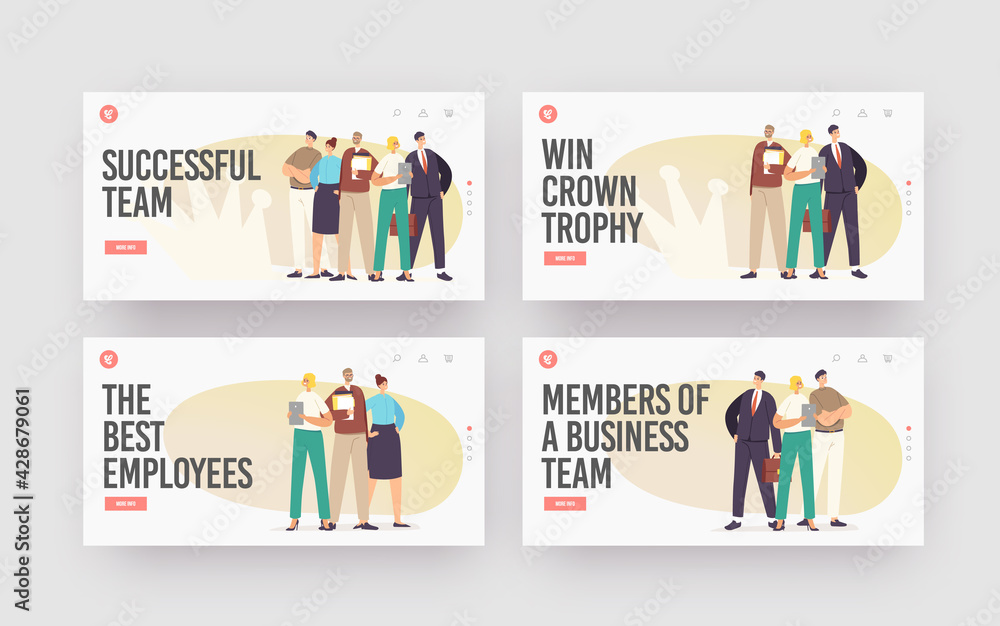 Successful Business Team Landing Page Template Set. Businesspeople Characters Stand in Confident Pose Hold Documents