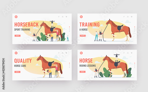 Equestrian Horseback Sport Training Landing Page Template Set. Stableman or Trainer Characters around of Stallion