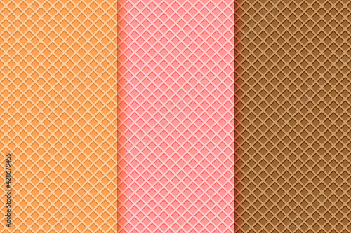 Ice cream waffle cone textures set. Seamless patterns with different wafer backgrounds, vanilla, strawberry, chocolate. Vector flat cartoon illustration.