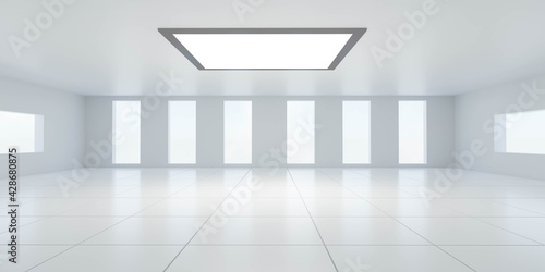 Fototapeta Naklejka Na Ścianę i Meble -  white abstract futuristic architecture building interior with big windows, daylight and tiled floor with reflections 3d render illustration