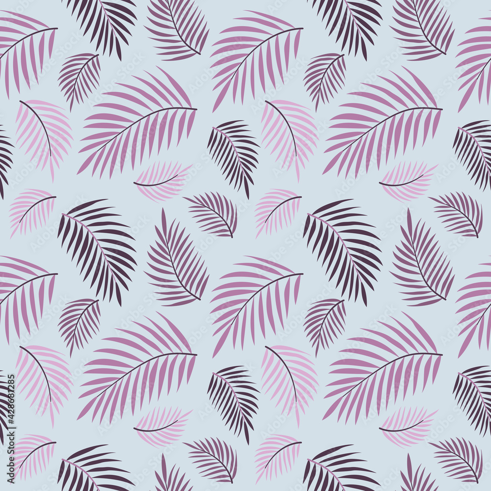 Egzotyczne palmowe liście w odcieniach fioletu. Powtarzalny wzór złożony z liści tropikalnej rośliny na jasnym błękitnym tle. - obrazy, fototapety, plakaty 
