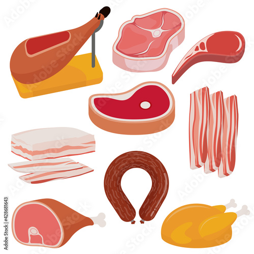 Flat design meat products.