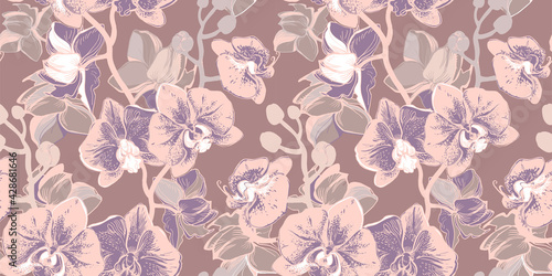 Sensual tropical seamless pattern with hand drawn flowers orchid in nude colors. Pastel floral vector elements on calm pink background. Elegant design for textile, fabric, wallpaper, packaging.