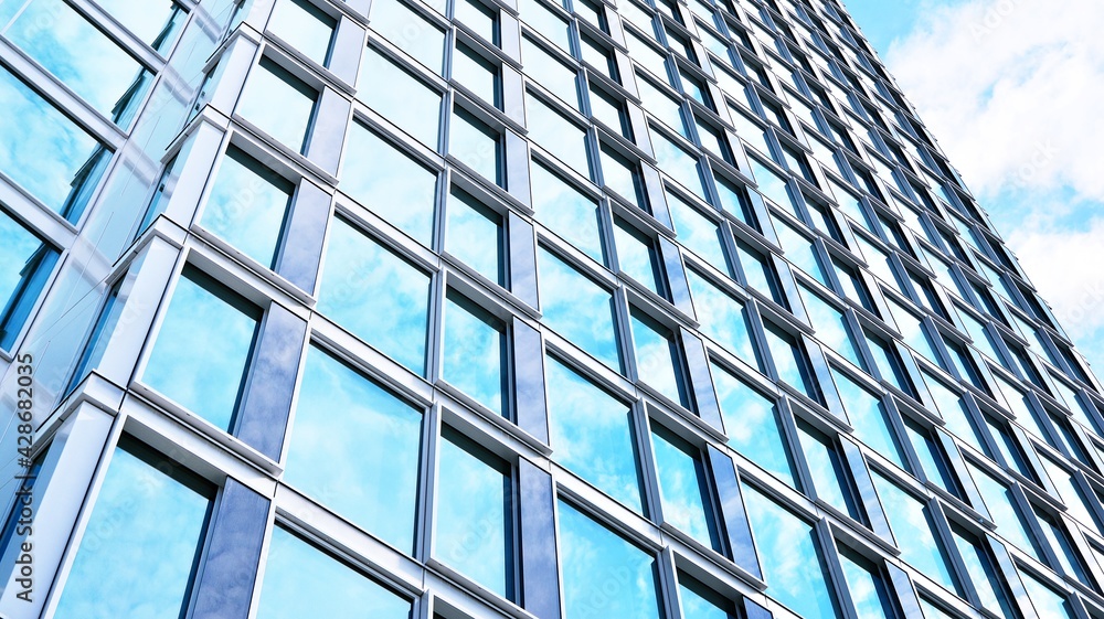 Obraz premium Abstract closeup of the glass-clad facade of a modern building covered in reflective plate glass. Architecture abstract background. Glass wall and facade detail. Velvia graphic filter.