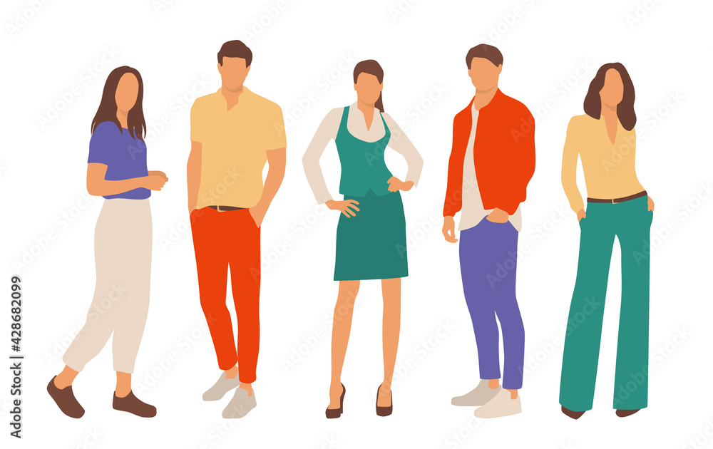 Fototapeta premium Set of young men and women, different colors, cartoon character, group of silhouettes of standing business people, students, the design concept of flat icon, isolated on white background
