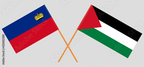Crossed flags of Liechtenstein and Palestine. Official colors. Correct proportion