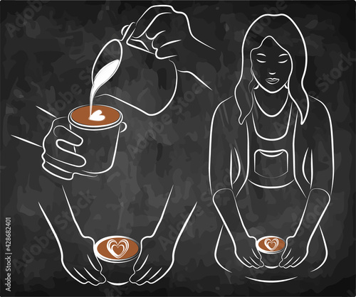 Line art chalk drawing human making a coffee isolated on black background. Barista add milk to espresso, hands holding a cup of cappuccino, latte art, drink to go, sketch icon. Vector illustration.