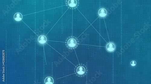 abstract tech animated background of avatar icons connected. Global communication, social network, team work, connection concept. looped animation of organized structure of people, workers. 