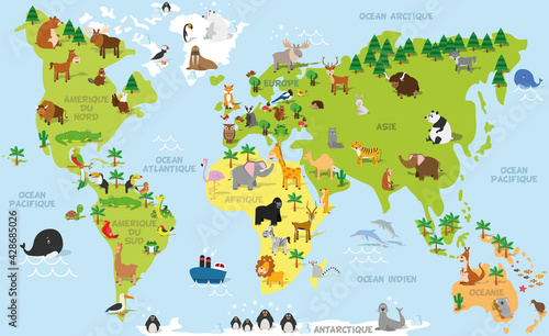 Fototapeta Naklejka Na Ścianę i Meble -  Funny cartoon world map in french with traditional animals of all the continents and oceans. Vector illustration for preschool education and kids design
