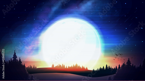 Evening landscape with large sun on blue starry sky, meteors and ine forest on horizon.