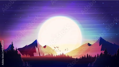 Orange sunset, hilly area, spruce forest, colorful starry sky and mountains on horizon.