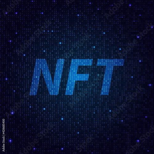 Not interchangeable tokens NFT on blue glittering background.