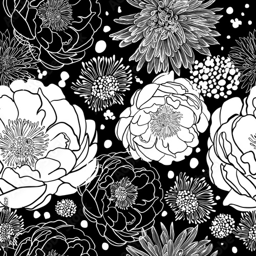 Seamless monochrome floral background. Dark and light background with peonies . Vector illustration