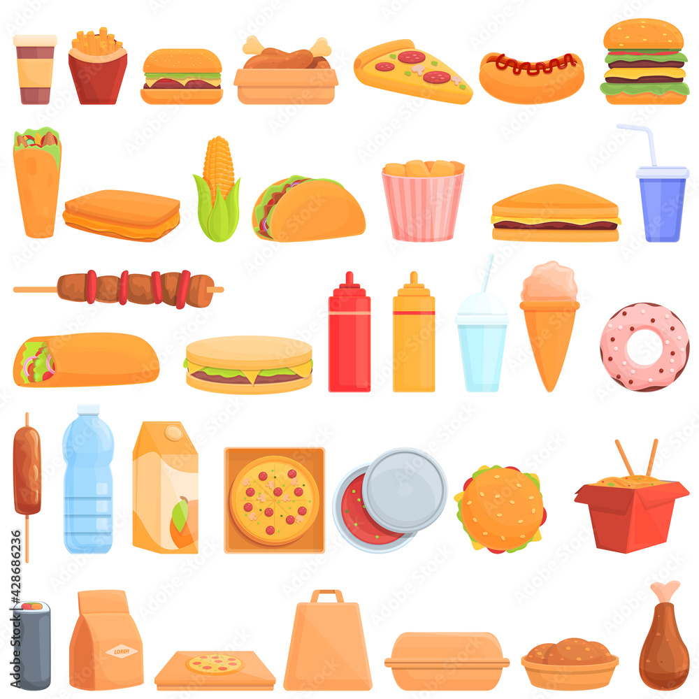 Takeaway food icons set. Cartoon set of takeaway food vector icons for web design