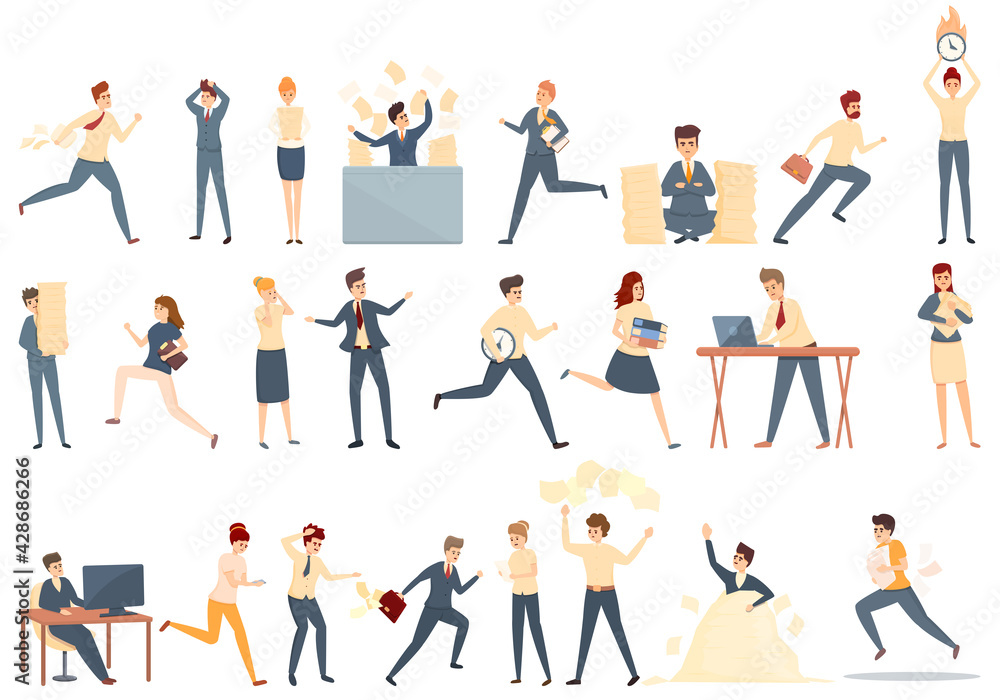 Rush job icons set. Cartoon set of rush job vector icons for web design Rush job icons set. Cartoon set of rush job vector icons for web design