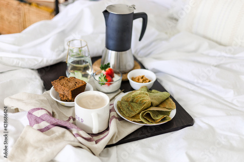 Breakfast on bed with mocha pot - Lentil crepes, strawberry & yogurt