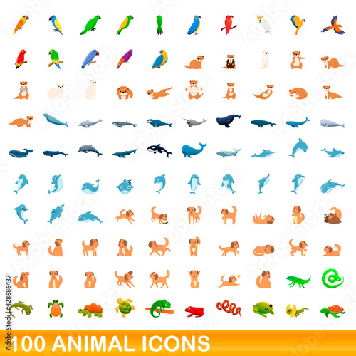 100 animal icons set. Cartoon illustration of 100 animal icons vector set isolated on white background © nsit0108