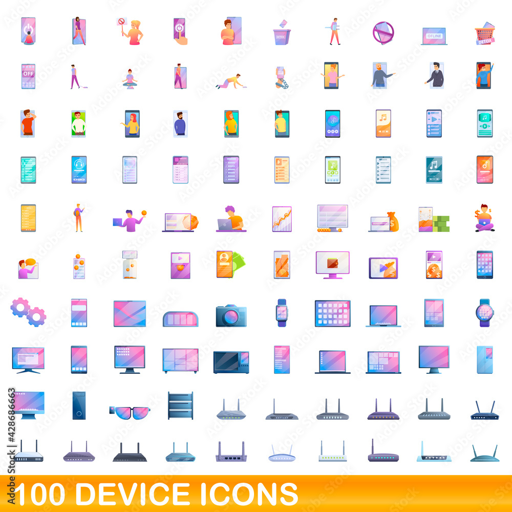 100 device icons set. Cartoon illustration of 100 device icons vector set isolated on white background 100 device icons set. Cartoon illustration of 100 device icons vector set isolated on white background