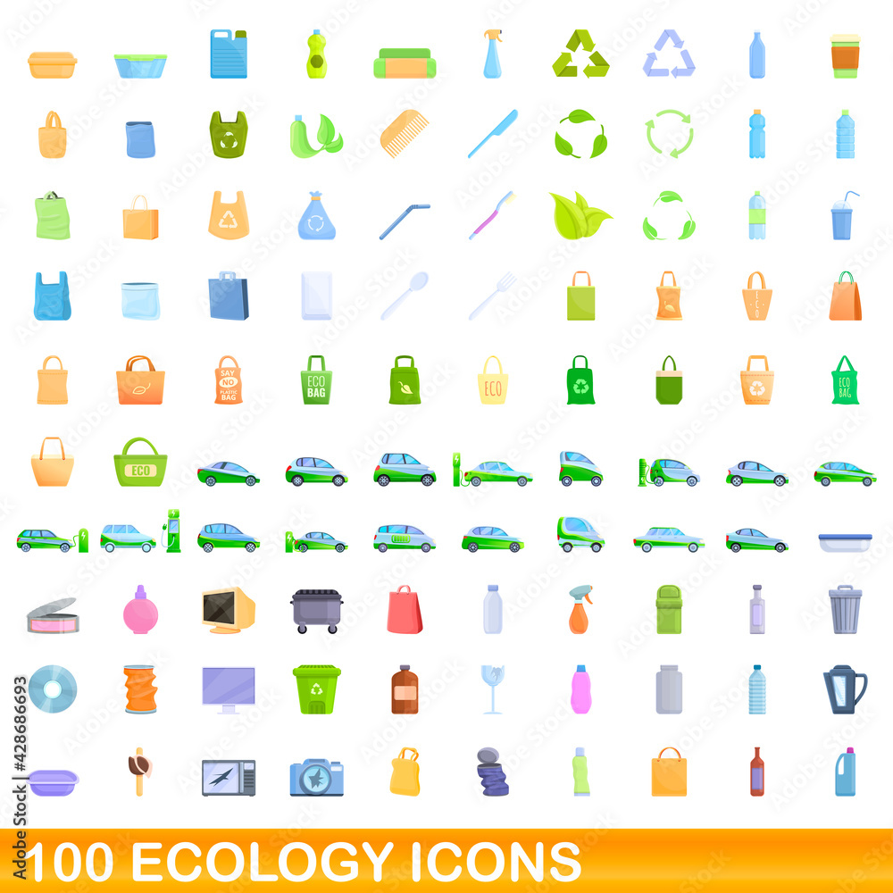 Fototapeta premium 100 ecology icons set. Cartoon illustration of 100 ecology icons vector set isolated on white background