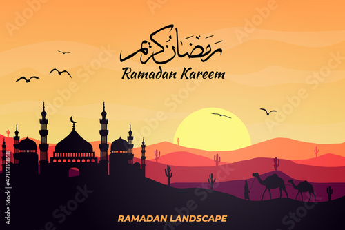 ramadan kareem flat landscape dessert mosque cactus camel evening beautiful sky