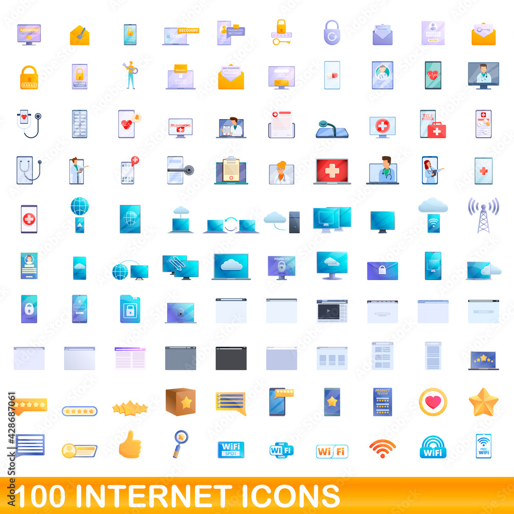 100 internet icons set. Cartoon illustration of 100 internet icons vector set isolated on white background 100 internet icons set. Cartoon illustration of 100 internet icons vector set isolated on white background