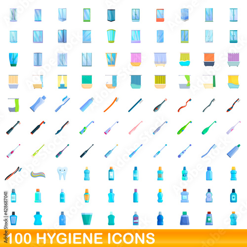 100 hygiene icons set. Cartoon illustration of 100 hygiene icons vector set isolated on white background