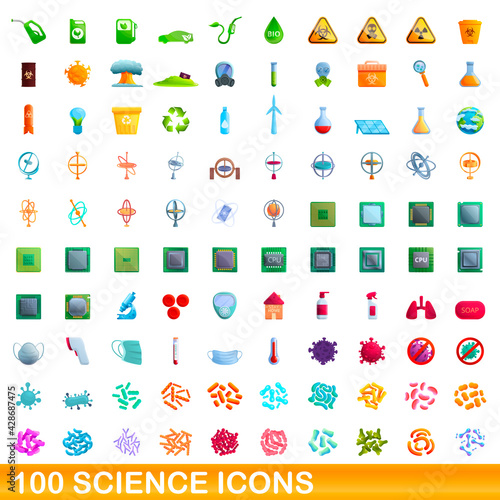 100 science icons set. Cartoon illustration of 100 science icons vector set isolated on white background