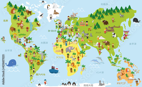Fototapeta Naklejka Na Ścianę i Meble -  Funny cartoon world map with childrens of different nationalities, animals and monuments of all the continents and oceans. Names in japanese. Vector illustration for preschool education