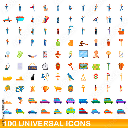 100 universal icons set. Cartoon illustration of 100 universal icons vector set isolated on white background